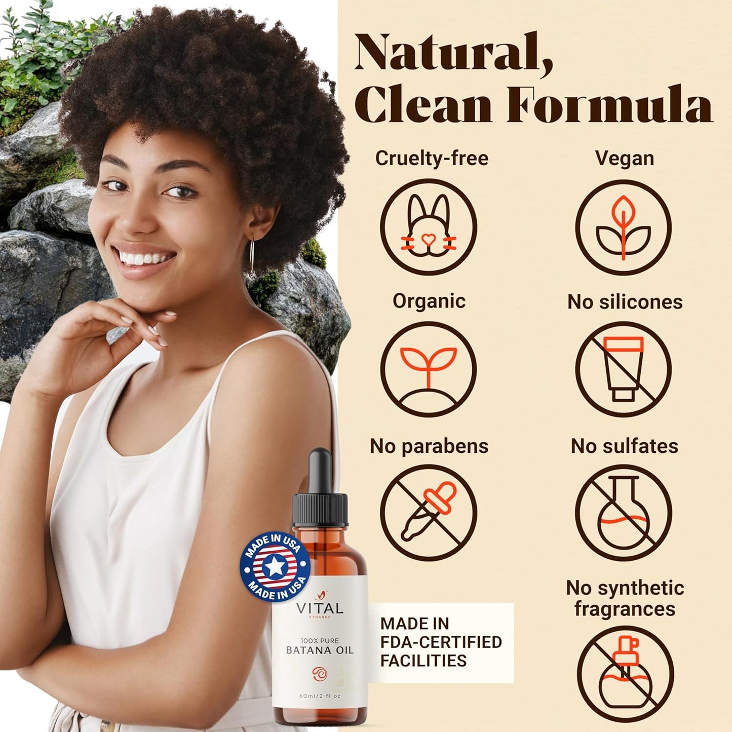 Vital Strands Batana Oil for Hair Growth – 100% Pure & Organic Batana Oil from Honduras – Cold Pressed Raw Scalp & Hair Treatment for Men & Women – 60ml