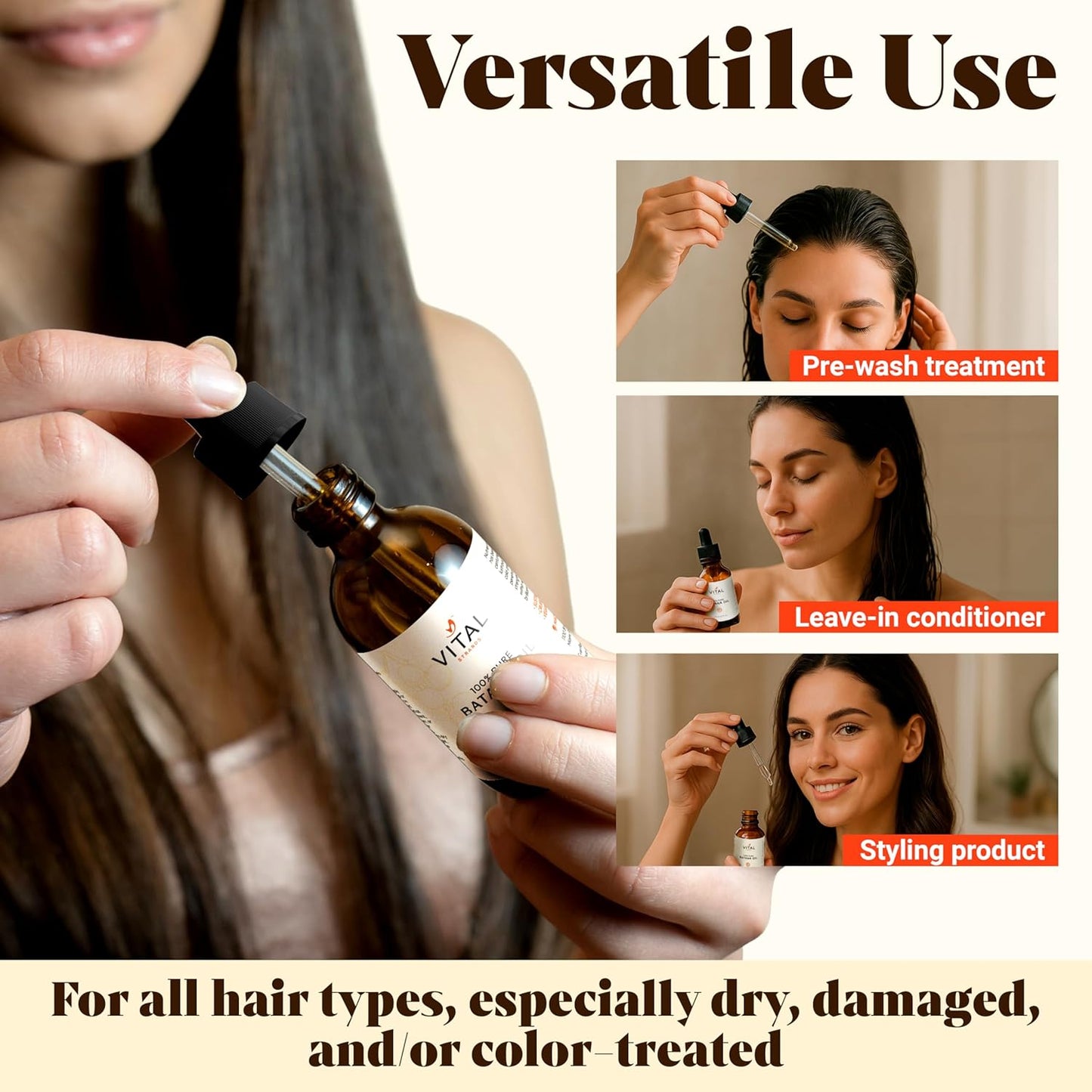 Vital Strands Batana Oil for Hair Growth – 100% Pure & Organic Batana Oil from Honduras – Cold Pressed Raw Scalp & Hair Treatment for Men & Women – 60ml