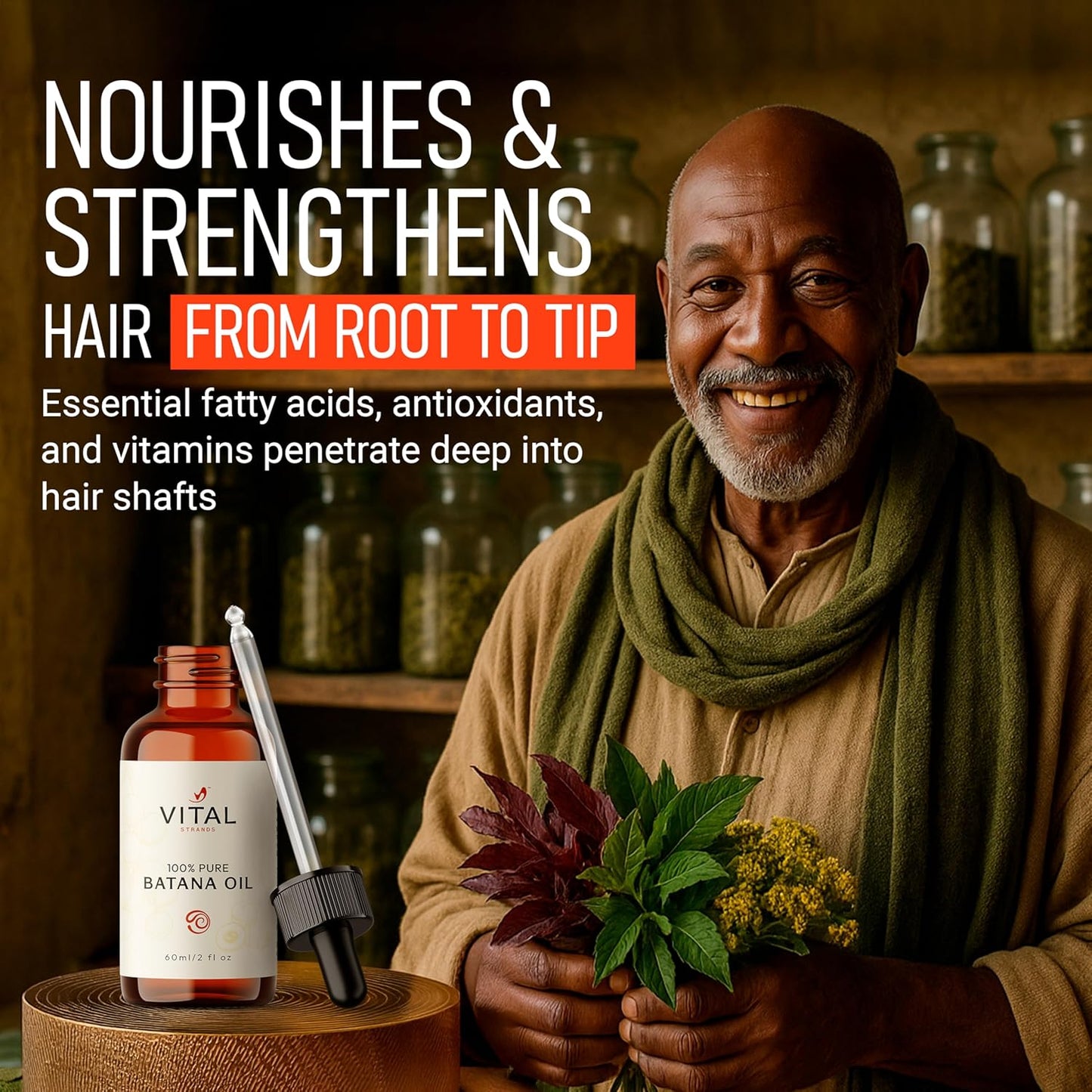 Vital Strands Batana Oil for Hair Growth – 100% Pure & Organic Batana Oil from Honduras – Cold Pressed Raw Scalp & Hair Treatment for Men & Women – 60ml